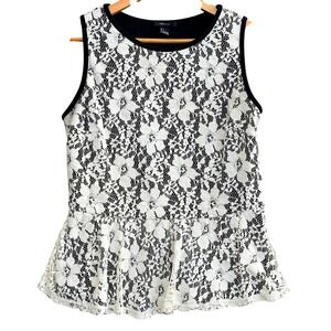 FOREVER 21 Black & Cream Lace Overlay Sleeveless Peplum‎ Top Size Large